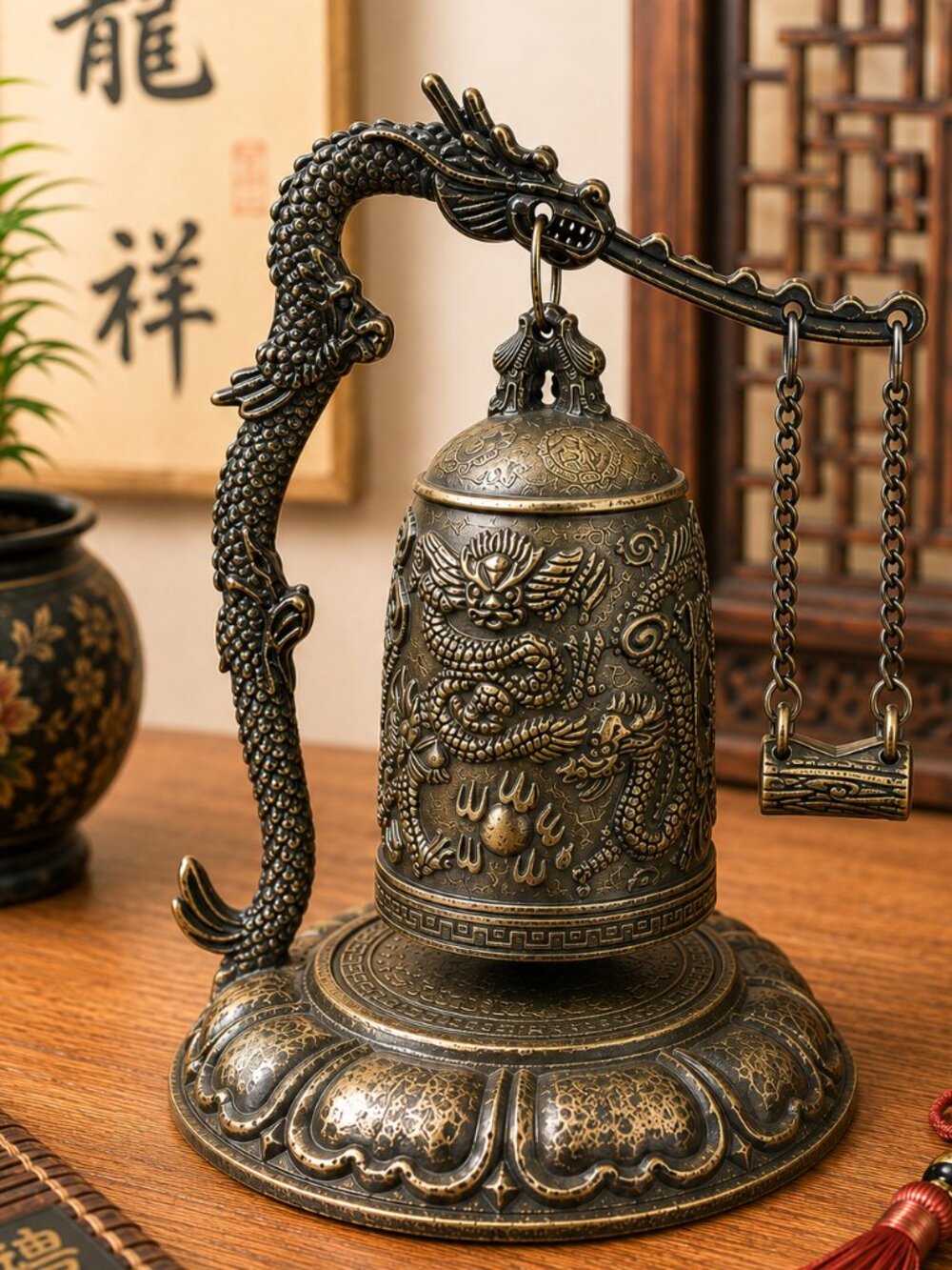 Vintage Brass Chinese Dragon Hanging Bell with Original Striker | Asian Gong